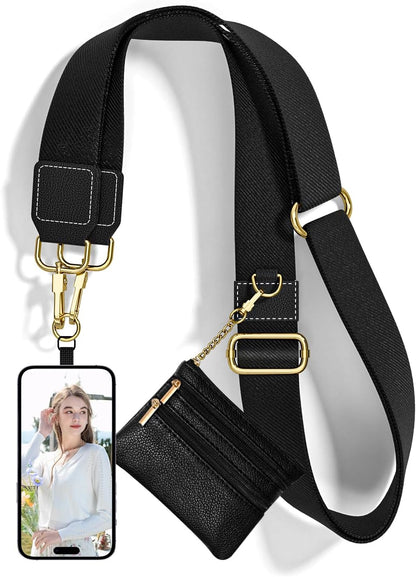 Crossbody Phone Strap with Wallet, Clip and Go Strap for Phone with Wallet, Adjustable Crossbody Cell Belt with Zippered Pouch, Neck Shoulder Cell Lanyard for Women, Black Great Wall