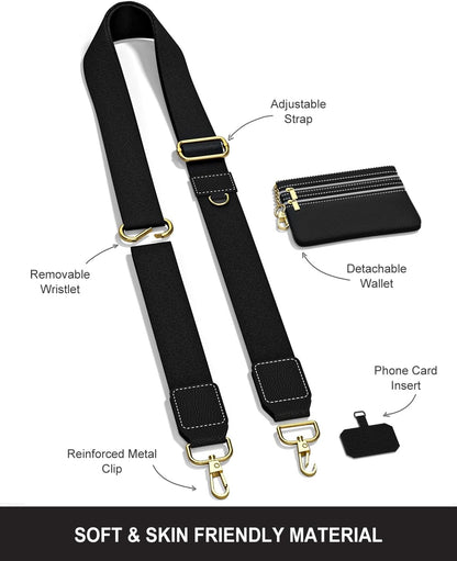 Crossbody Phone Strap with Wallet, Clip and Go Strap for Phone with Wallet, Adjustable Crossbody Cell Belt with Zippered Pouch, Neck Shoulder Cell Lanyard for Women, Black Great Wall