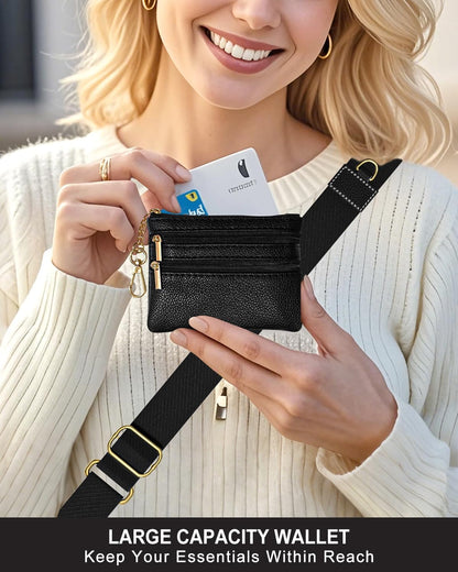 Crossbody Phone Strap with Wallet, Clip and Go Strap for Phone with Wallet, Adjustable Crossbody Cell Belt with Zippered Pouch, Neck Shoulder Cell Lanyard for Women, Black Great Wall