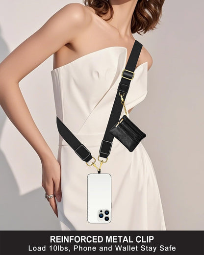 Crossbody Phone Strap with Wallet, Clip and Go Strap for Phone with Wallet, Adjustable Crossbody Cell Belt with Zippered Pouch, Neck Shoulder Cell Lanyard for Women, Black Great Wall