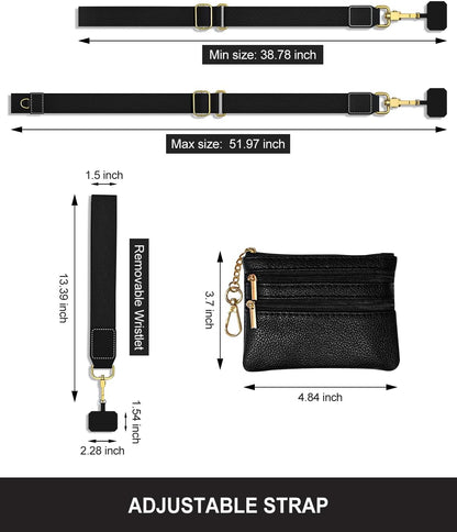 Crossbody Phone Strap with Wallet, Clip and Go Strap for Phone with Wallet, Adjustable Crossbody Cell Belt with Zippered Pouch, Neck Shoulder Cell Lanyard for Women, Black Great Wall