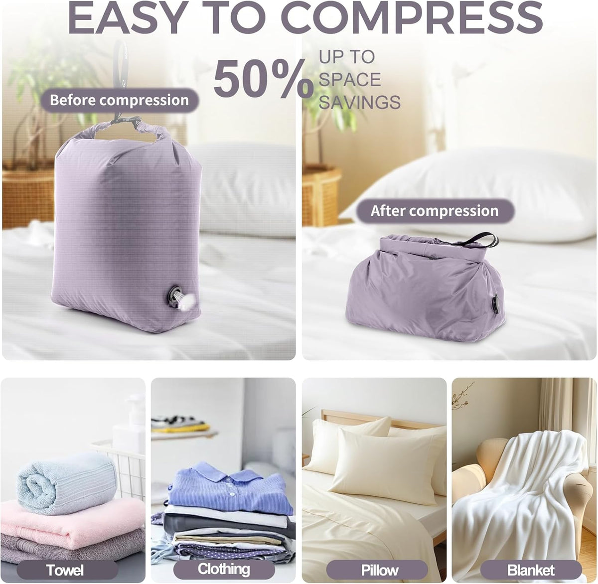 Travel Laundry Bag, Pump Free Vacuum Compression Dirty Clothes Bag Reusable Wet Dry Bags Large Capacity Space Saver Bags Camp Washable Clothes Organizer for Sports Dorm Laundromat (1 Pcs)(Purple, M）