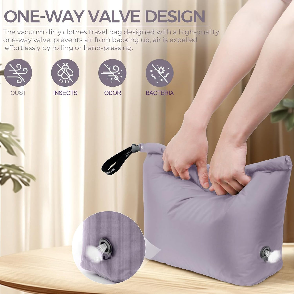 Travel Laundry Bag, Pump Free Vacuum Compression Dirty Clothes Bag Reusable Wet Dry Bags Large Capacity Space Saver Bags Camp Washable Clothes Organizer for Sports Dorm Laundromat (1 Pcs)(Purple, M）