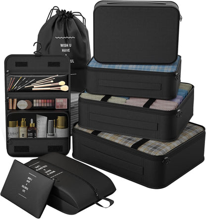 8 Set Packing Cubes for Travel,Suitcase Organizer Bags for Luggage with Shoe & Hanging Toiletry Bag, Vacation Essentials & Accessories for Cruise Ship, Airplane Must-Have,Road Trip & Camp Gifts(Cream)