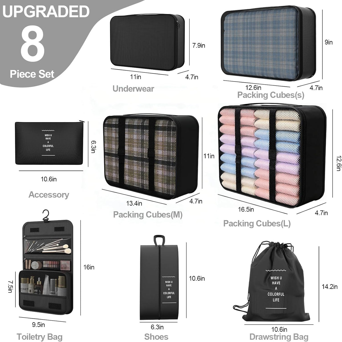 8 Set Packing Cubes for Travel,Suitcase Organizer Bags for Luggage with Shoe & Hanging Toiletry Bag, Vacation Essentials & Accessories for Cruise Ship, Airplane Must-Have,Road Trip & Camp Gifts(Cream)