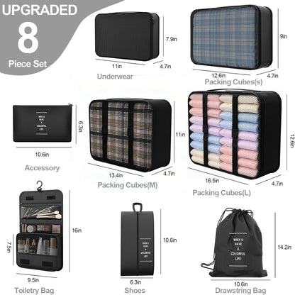 8 Set Packing Cubes for Travel,Suitcase Organizer Bags for Luggage with Shoe & Hanging Toiletry Bag, Vacation Essentials & Accessories for Cruise Ship, Airplane Must-Have,Road Trip & Camp Gifts(Cream)