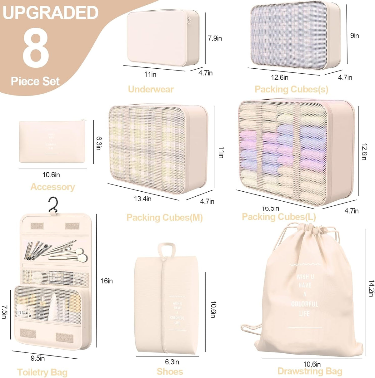 8 Set Packing Cubes for Travel,Suitcase Organizer Bags for Luggage with Shoe & Hanging Toiletry Bag, Vacation Essentials & Accessories for Cruise Ship, Airplane Must-Have,Road Trip & Camp Gifts(Cream)