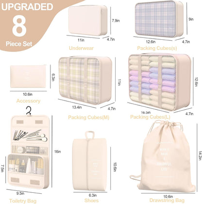 8 Set Packing Cubes for Travel,Suitcase Organizer Bags for Luggage with Shoe & Hanging Toiletry Bag, Vacation Essentials & Accessories for Cruise Ship, Airplane Must-Have,Road Trip & Camp Gifts(Cream)