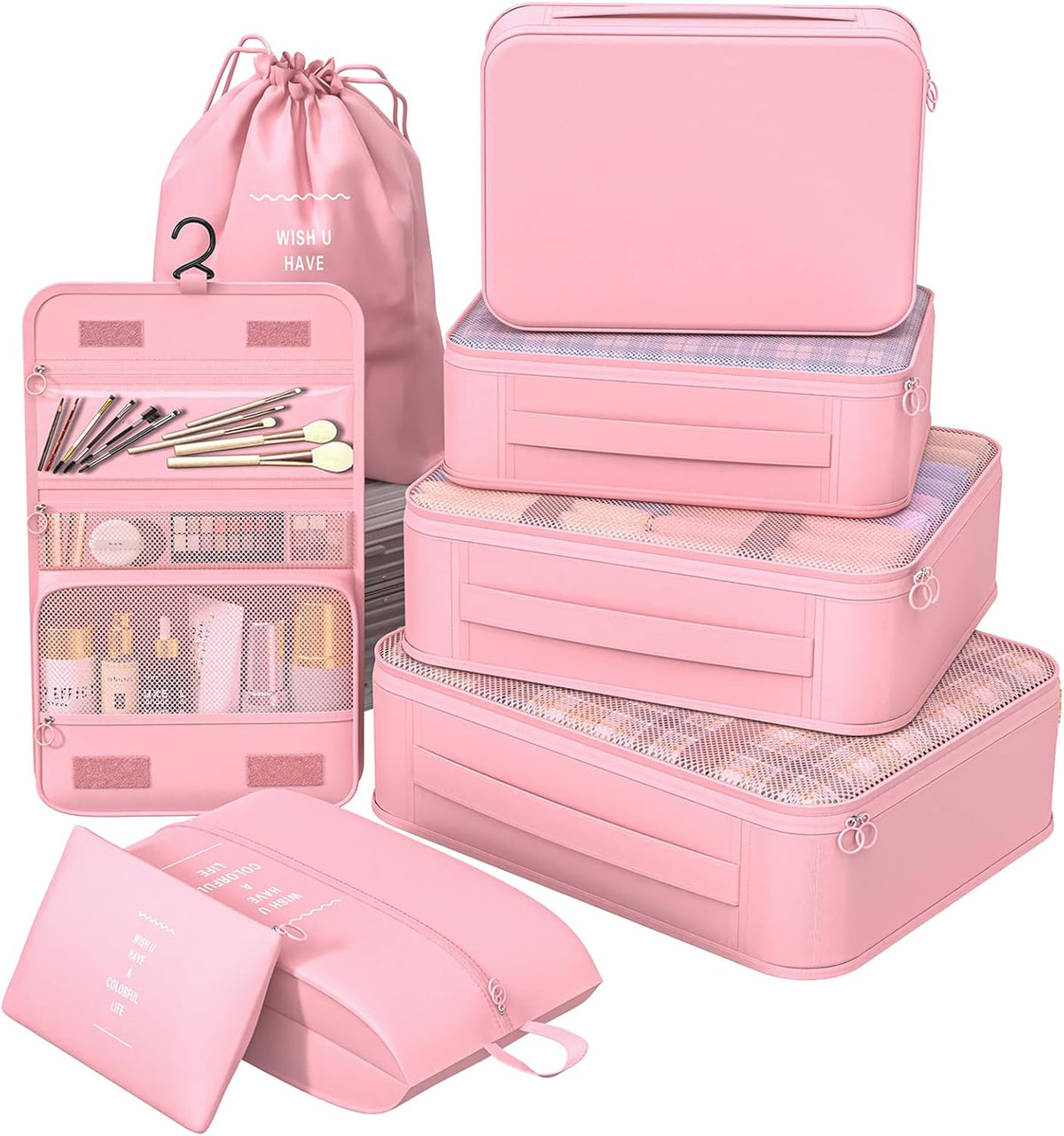 8 Set Packing Cubes for Travel,Suitcase Organizer Bags for Luggage with Shoe & Hanging Toiletry Bag, Vacation Essentials & Accessories for Cruise Ship, Airplane Must-Have,Road Trip & Camp Gifts(Cream)