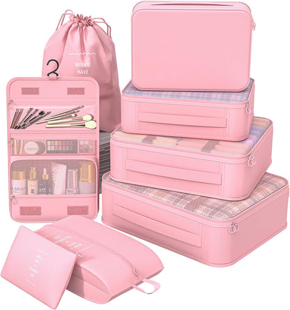 8 Set Packing Cubes for Travel,Suitcase Organizer Bags for Luggage with Shoe & Hanging Toiletry Bag, Vacation Essentials & Accessories for Cruise Ship, Airplane Must-Have,Road Trip & Camp Gifts(Cream)