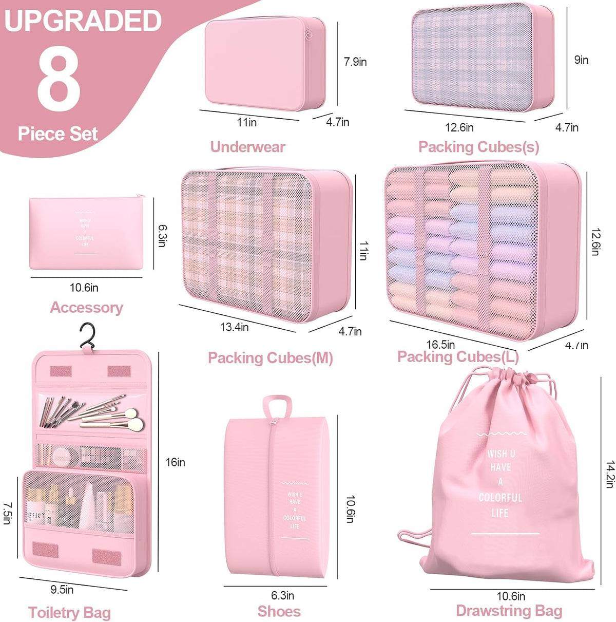 8 Set Packing Cubes for Travel,Suitcase Organizer Bags for Luggage with Shoe & Hanging Toiletry Bag, Vacation Essentials & Accessories for Cruise Ship, Airplane Must-Have,Road Trip & Camp Gifts(Cream)