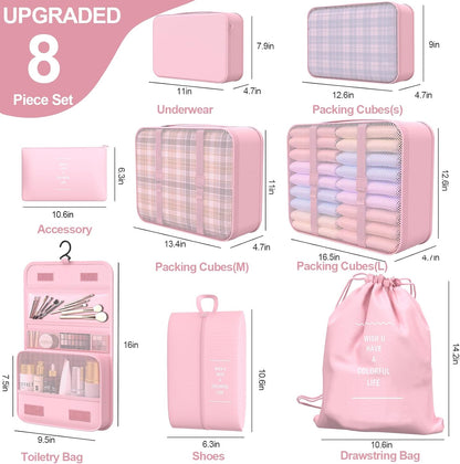 8 Set Packing Cubes for Travel,Suitcase Organizer Bags for Luggage with Shoe & Hanging Toiletry Bag, Vacation Essentials & Accessories for Cruise Ship, Airplane Must-Have,Road Trip & Camp Gifts(Cream)