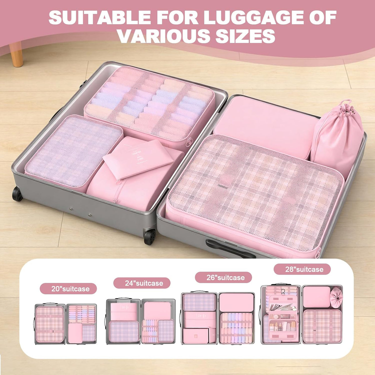 8 Set Packing Cubes for Travel,Suitcase Organizer Bags for Luggage with Shoe & Hanging Toiletry Bag, Vacation Essentials & Accessories for Cruise Ship, Airplane Must-Have,Road Trip & Camp Gifts(Cream)
