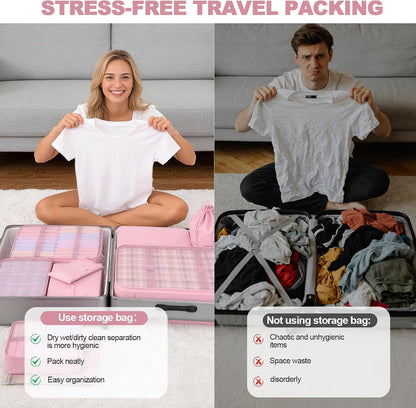 8 Set Packing Cubes for Travel,Suitcase Organizer Bags for Luggage with Shoe & Hanging Toiletry Bag, Vacation Essentials & Accessories for Cruise Ship, Airplane Must-Have,Road Trip & Camp Gifts(Cream)