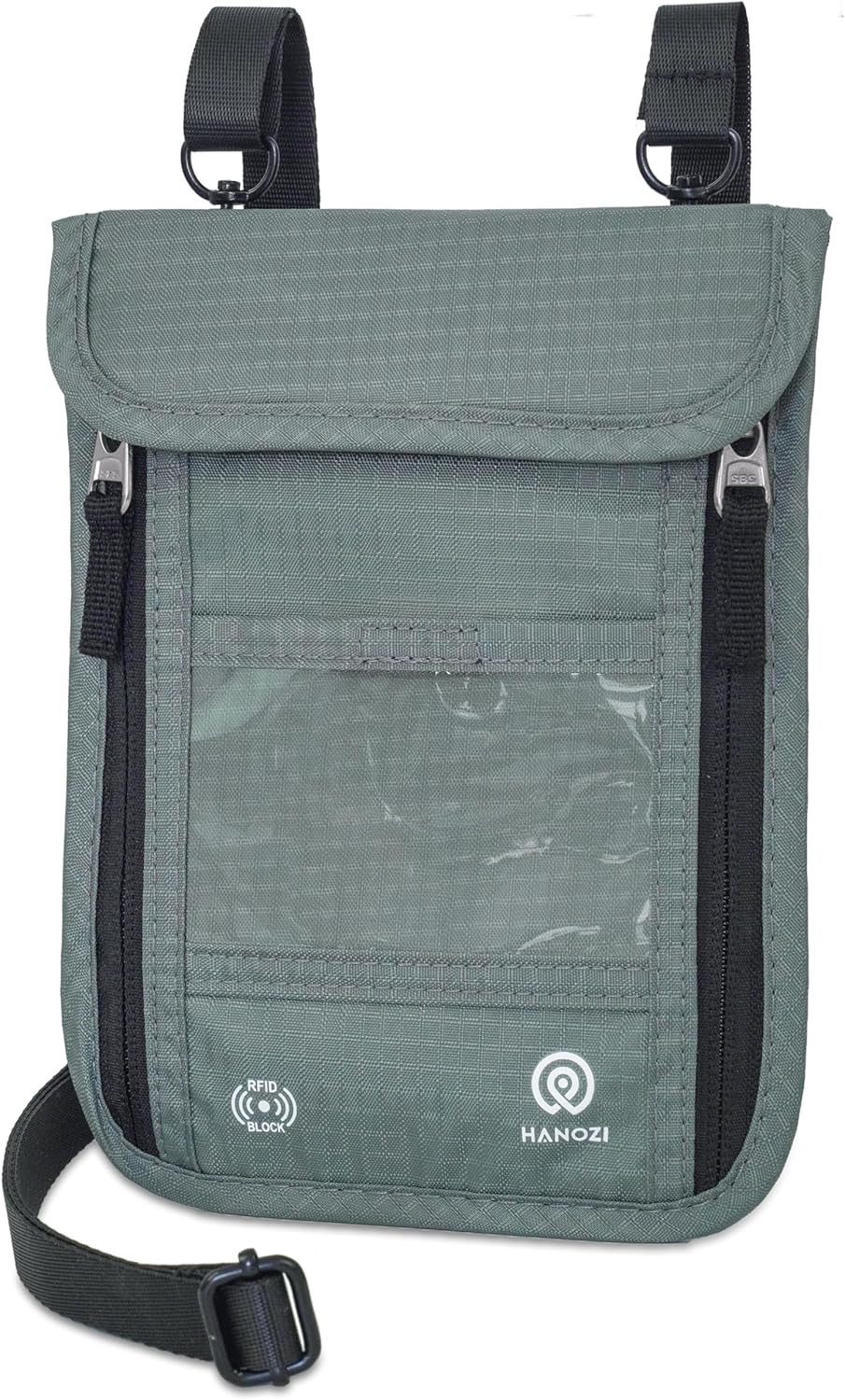 Travel Neck Wallet – Travel pouch and RFID Blocking Passport Holder for Women and Men - Slim Travel Wallet to Keep Your Cash, Passport, Credit Cards Safe. (Moss Grey)