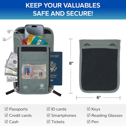 Travel Neck Wallet – Travel pouch and RFID Blocking Passport Holder for Women and Men - Slim Travel Wallet to Keep Your Cash, Passport, Credit Cards Safe. (Moss Grey)