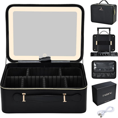 Leather Makeup Case with LED Lighted Mirror 11.4 Inch Travel Makeup Bag Adjustable Brightness in 3 Colors Cosmetic Organizer Artist Storage Bag with Dividers Brush Holder Bag Vanity White