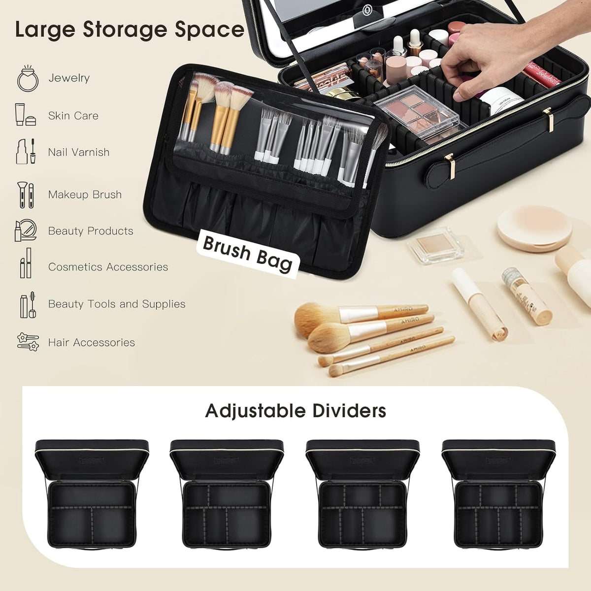 Leather Makeup Case with LED Lighted Mirror 11.4 Inch Travel Makeup Bag Adjustable Brightness in 3 Colors Cosmetic Organizer Artist Storage Bag with Dividers Brush Holder Bag Vanity White