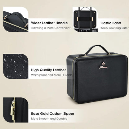Leather Makeup Case with LED Lighted Mirror 11.4 Inch Travel Makeup Bag Adjustable Brightness in 3 Colors Cosmetic Organizer Artist Storage Bag with Dividers Brush Holder Bag Vanity White