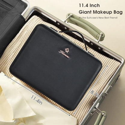 Leather Makeup Case with LED Lighted Mirror 11.4 Inch Travel Makeup Bag Adjustable Brightness in 3 Colors Cosmetic Organizer Artist Storage Bag with Dividers Brush Holder Bag Vanity White