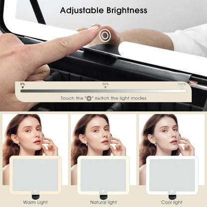 Leather Makeup Case with LED Lighted Mirror 11.4 Inch Travel Makeup Bag Adjustable Brightness in 3 Colors Cosmetic Organizer Artist Storage Bag with Dividers Brush Holder Bag Vanity White