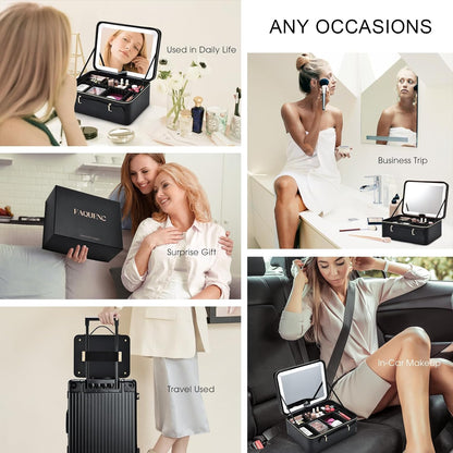 Leather Makeup Case with LED Lighted Mirror 11.4 Inch Travel Makeup Bag Adjustable Brightness in 3 Colors Cosmetic Organizer Artist Storage Bag with Dividers Brush Holder Bag Vanity White