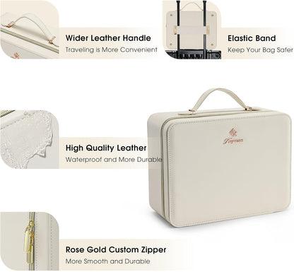 Leather Makeup Case with LED Lighted Mirror 11.4 Inch Travel Makeup Bag Adjustable Brightness in 3 Colors Cosmetic Organizer Artist Storage Bag with Dividers Brush Holder Bag Vanity White