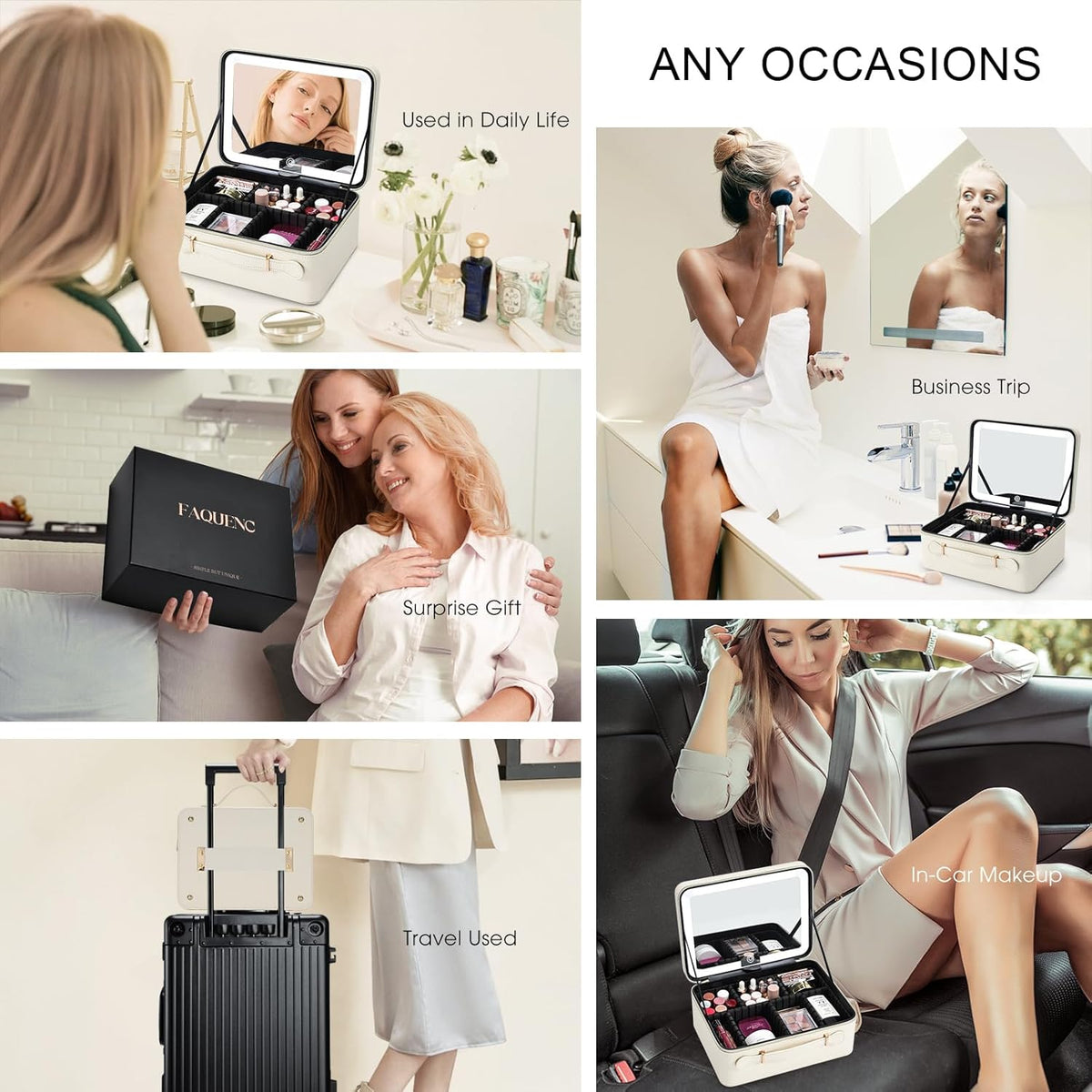Leather Makeup Case with LED Lighted Mirror 11.4 Inch Travel Makeup Bag Adjustable Brightness in 3 Colors Cosmetic Organizer Artist Storage Bag with Dividers Brush Holder Bag Vanity White