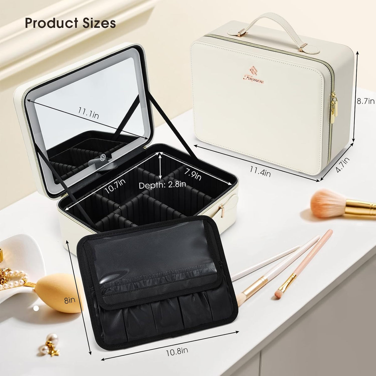 Leather Makeup Case with LED Lighted Mirror 11.4 Inch Travel Makeup Bag Adjustable Brightness in 3 Colors Cosmetic Organizer Artist Storage Bag with Dividers Brush Holder Bag Vanity White