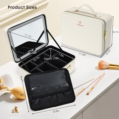 Leather Makeup Case with LED Lighted Mirror 11.4 Inch Travel Makeup Bag Adjustable Brightness in 3 Colors Cosmetic Organizer Artist Storage Bag with Dividers Brush Holder Bag Vanity White
