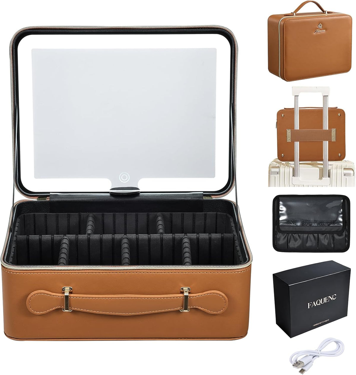 Leather Makeup Case with LED Lighted Mirror 11.4 Inch Travel Makeup Bag Adjustable Brightness in 3 Colors Cosmetic Organizer Artist Storage Bag with Dividers Brush Holder Bag Vanity White