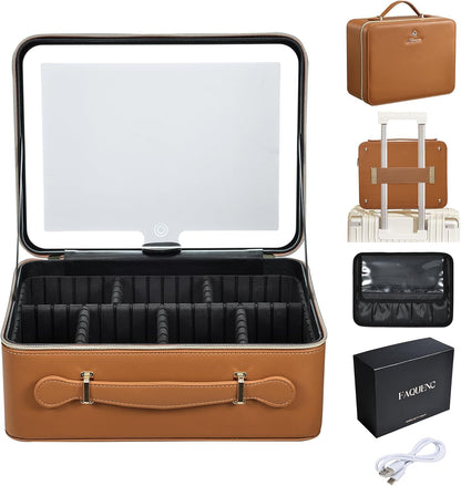 Leather Makeup Case with LED Lighted Mirror 11.4 Inch Travel Makeup Bag Adjustable Brightness in 3 Colors Cosmetic Organizer Artist Storage Bag with Dividers Brush Holder Bag Vanity White