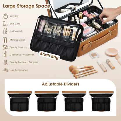 Leather Makeup Case with LED Lighted Mirror 11.4 Inch Travel Makeup Bag Adjustable Brightness in 3 Colors Cosmetic Organizer Artist Storage Bag with Dividers Brush Holder Bag Vanity White