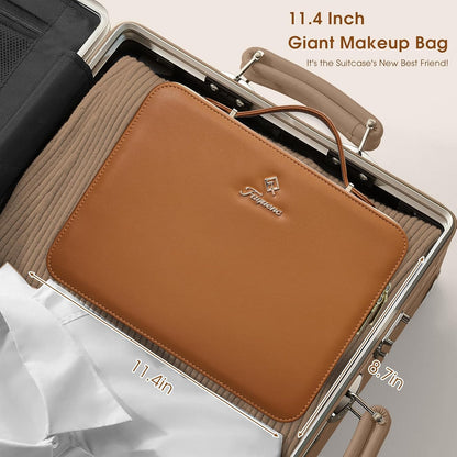 Leather Makeup Case with LED Lighted Mirror 11.4 Inch Travel Makeup Bag Adjustable Brightness in 3 Colors Cosmetic Organizer Artist Storage Bag with Dividers Brush Holder Bag Vanity White