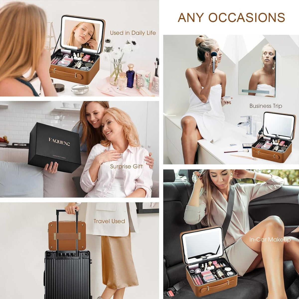 Leather Makeup Case with LED Lighted Mirror 11.4 Inch Travel Makeup Bag Adjustable Brightness in 3 Colors Cosmetic Organizer Artist Storage Bag with Dividers Brush Holder Bag Vanity White