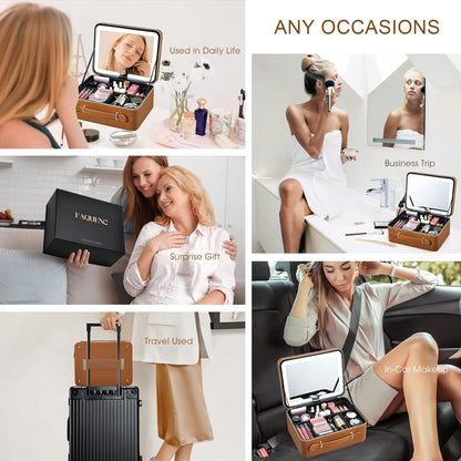 Leather Makeup Case with LED Lighted Mirror 11.4 Inch Travel Makeup Bag Adjustable Brightness in 3 Colors Cosmetic Organizer Artist Storage Bag with Dividers Brush Holder Bag Vanity White