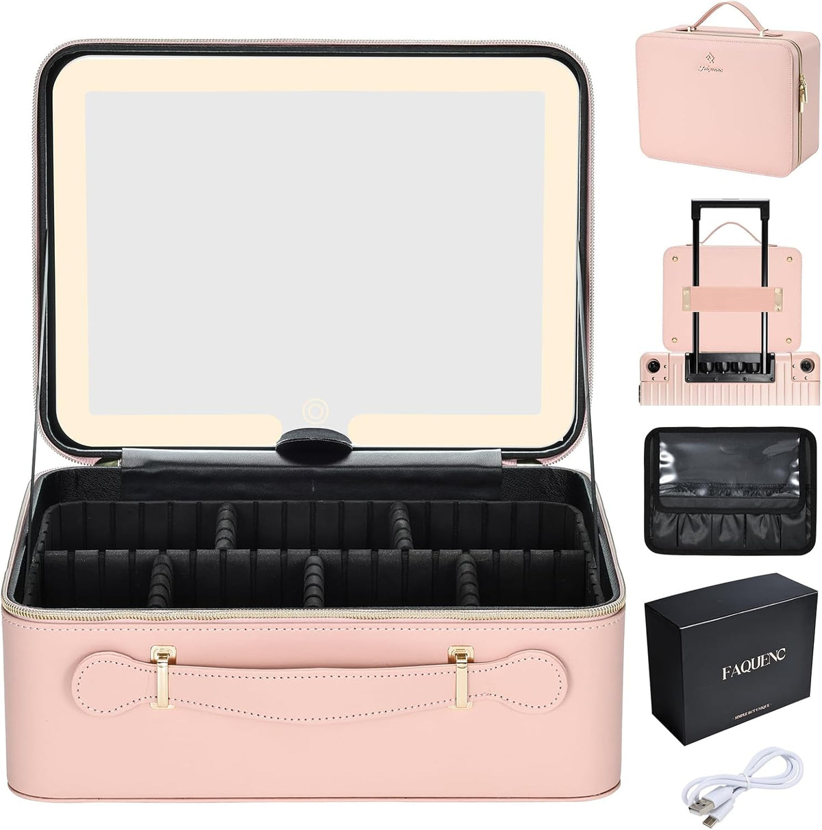 Leather Makeup Case with LED Lighted Mirror 11.4 Inch Travel Makeup Bag Adjustable Brightness in 3 Colors Cosmetic Organizer Artist Storage Bag with Dividers Brush Holder Bag Vanity White