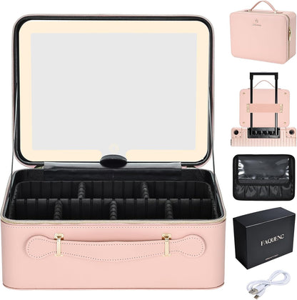 Leather Makeup Case with LED Lighted Mirror 11.4 Inch Travel Makeup Bag Adjustable Brightness in 3 Colors Cosmetic Organizer Artist Storage Bag with Dividers Brush Holder Bag Vanity White