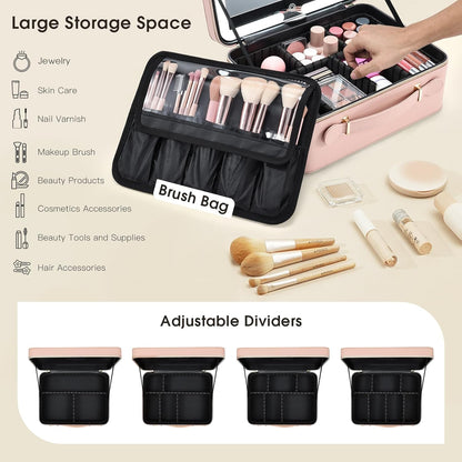 Leather Makeup Case with LED Lighted Mirror 11.4 Inch Travel Makeup Bag Adjustable Brightness in 3 Colors Cosmetic Organizer Artist Storage Bag with Dividers Brush Holder Bag Vanity White
