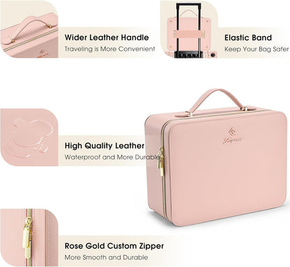 Leather Makeup Case with LED Lighted Mirror 11.4 Inch Travel Makeup Bag Adjustable Brightness in 3 Colors Cosmetic Organizer Artist Storage Bag with Dividers Brush Holder Bag Vanity White