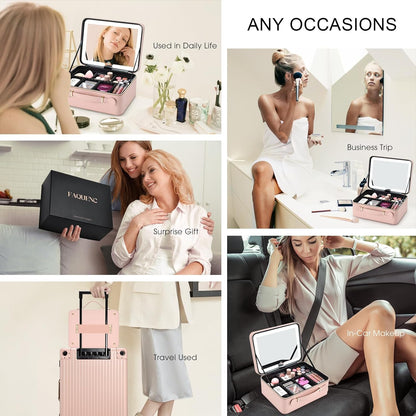 Leather Makeup Case with LED Lighted Mirror 11.4 Inch Travel Makeup Bag Adjustable Brightness in 3 Colors Cosmetic Organizer Artist Storage Bag with Dividers Brush Holder Bag Vanity White