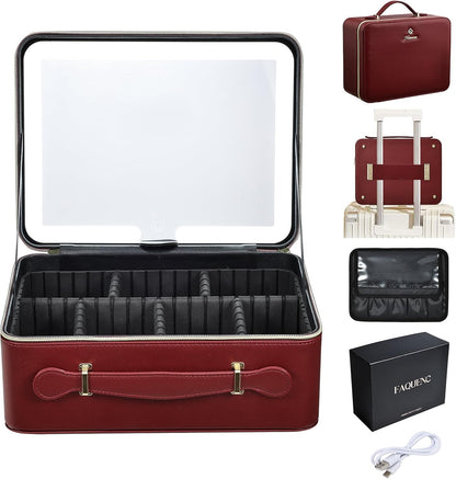 Leather Makeup Case with LED Lighted Mirror 11.4 Inch Travel Makeup Bag Adjustable Brightness in 3 Colors Cosmetic Organizer Artist Storage Bag with Dividers Brush Holder Bag Vanity White