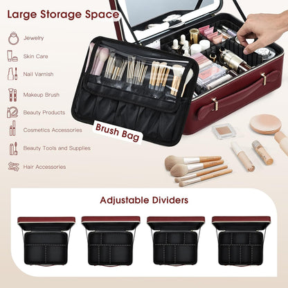 Leather Makeup Case with LED Lighted Mirror 11.4 Inch Travel Makeup Bag Adjustable Brightness in 3 Colors Cosmetic Organizer Artist Storage Bag with Dividers Brush Holder Bag Vanity White