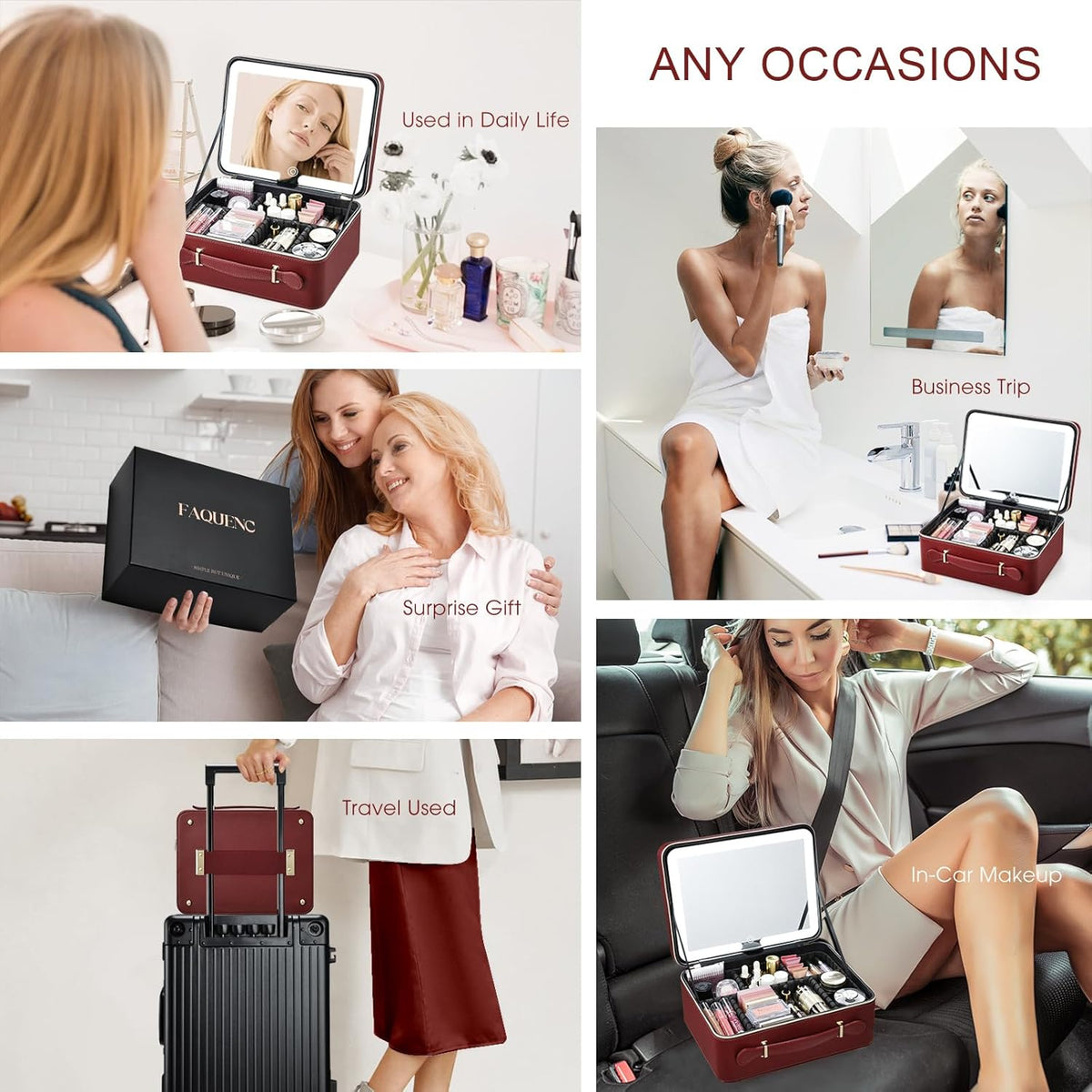 Leather Makeup Case with LED Lighted Mirror 11.4 Inch Travel Makeup Bag Adjustable Brightness in 3 Colors Cosmetic Organizer Artist Storage Bag with Dividers Brush Holder Bag Vanity White