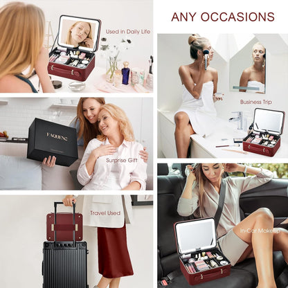 Leather Makeup Case with LED Lighted Mirror 11.4 Inch Travel Makeup Bag Adjustable Brightness in 3 Colors Cosmetic Organizer Artist Storage Bag with Dividers Brush Holder Bag Vanity White
