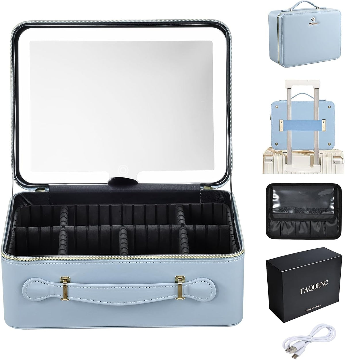 Leather Makeup Case with LED Lighted Mirror 11.4 Inch Travel Makeup Bag Adjustable Brightness in 3 Colors Cosmetic Organizer Artist Storage Bag with Dividers Brush Holder Bag Vanity White