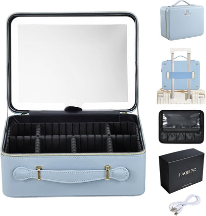 Leather Makeup Case with LED Lighted Mirror 11.4 Inch Travel Makeup Bag Adjustable Brightness in 3 Colors Cosmetic Organizer Artist Storage Bag with Dividers Brush Holder Bag Vanity White