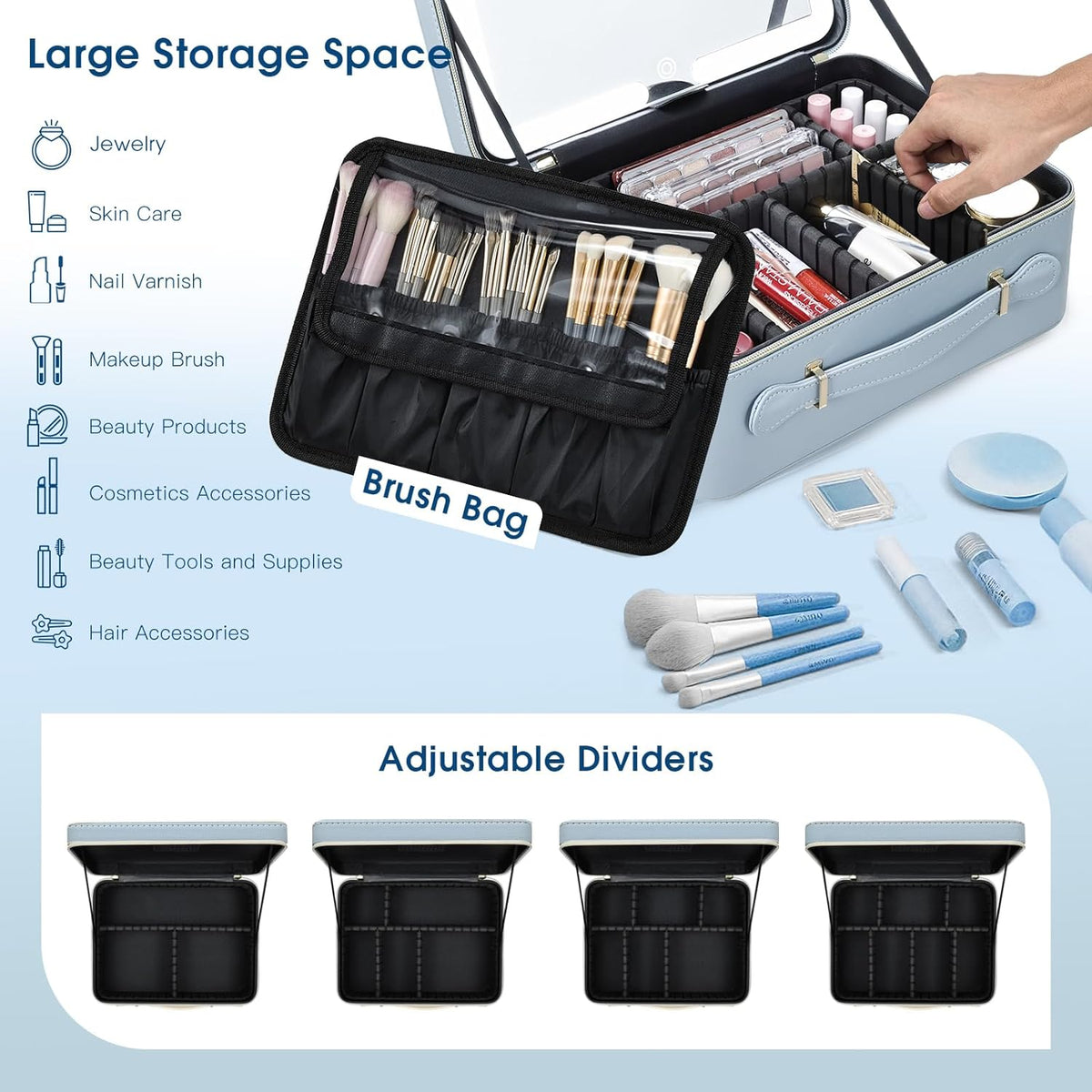 Leather Makeup Case with LED Lighted Mirror 11.4 Inch Travel Makeup Bag Adjustable Brightness in 3 Colors Cosmetic Organizer Artist Storage Bag with Dividers Brush Holder Bag Vanity White