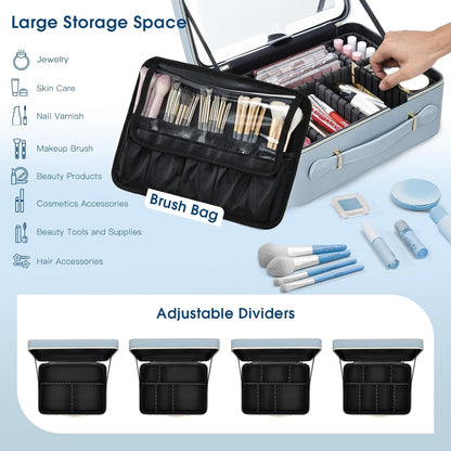 Leather Makeup Case with LED Lighted Mirror 11.4 Inch Travel Makeup Bag Adjustable Brightness in 3 Colors Cosmetic Organizer Artist Storage Bag with Dividers Brush Holder Bag Vanity White