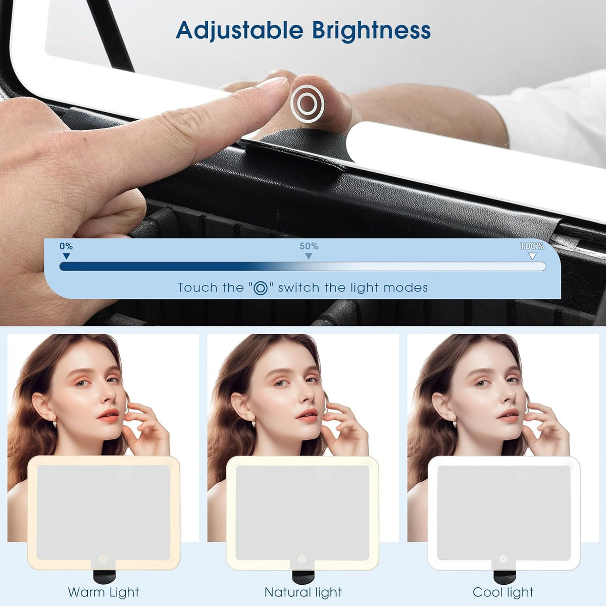 Leather Makeup Case with LED Lighted Mirror 11.4 Inch Travel Makeup Bag Adjustable Brightness in 3 Colors Cosmetic Organizer Artist Storage Bag with Dividers Brush Holder Bag Vanity White